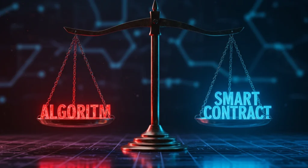 Justice scale showing algorithims vs smart contract