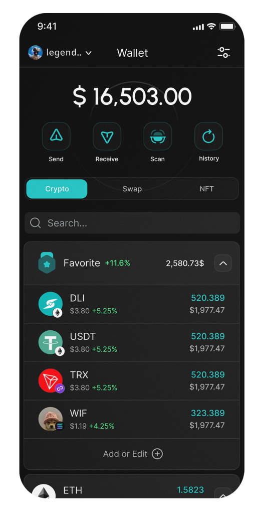 Dlicom wallet screenshot on the phone