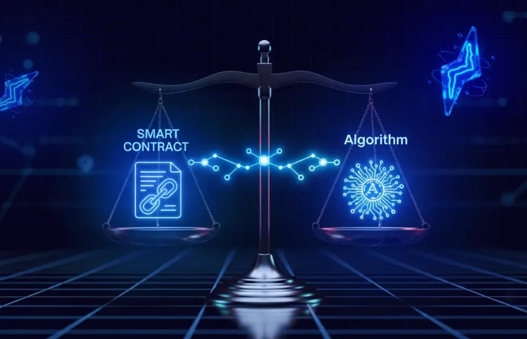 Balance scale comparing Algorithm vs Smart Contract, with blockchain code balancing them