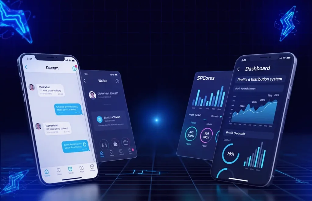 Collage of Dlicom chat interface with crypto wallet + SPCores dashboard showing transparent smart contract payouts