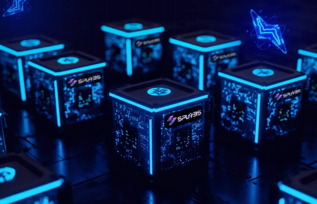 High-tech blockchain server cubes with SPLabs logo — representing modular Web3 infrastructure