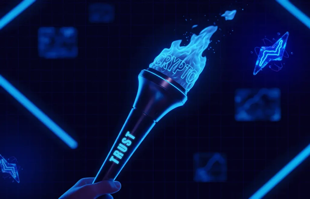 Hand holding torch labeled Trust with spark labeled “Crypto” — symbolizing transition from speculation to infrastructure