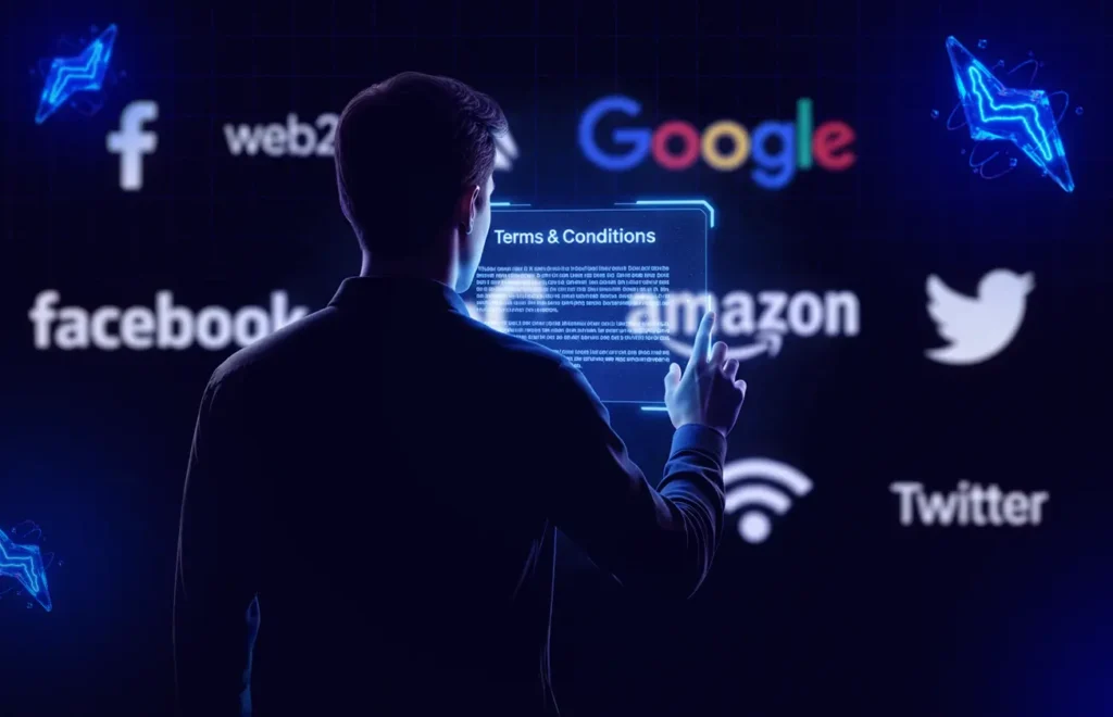 User silhouette looking at long Terms & Conditions, with Web2 company logos faded in the background
